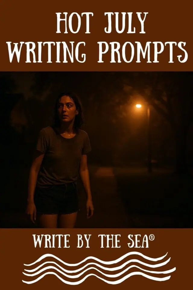 Woman walking at night with streetlamp, inspiring writing prompts for July.