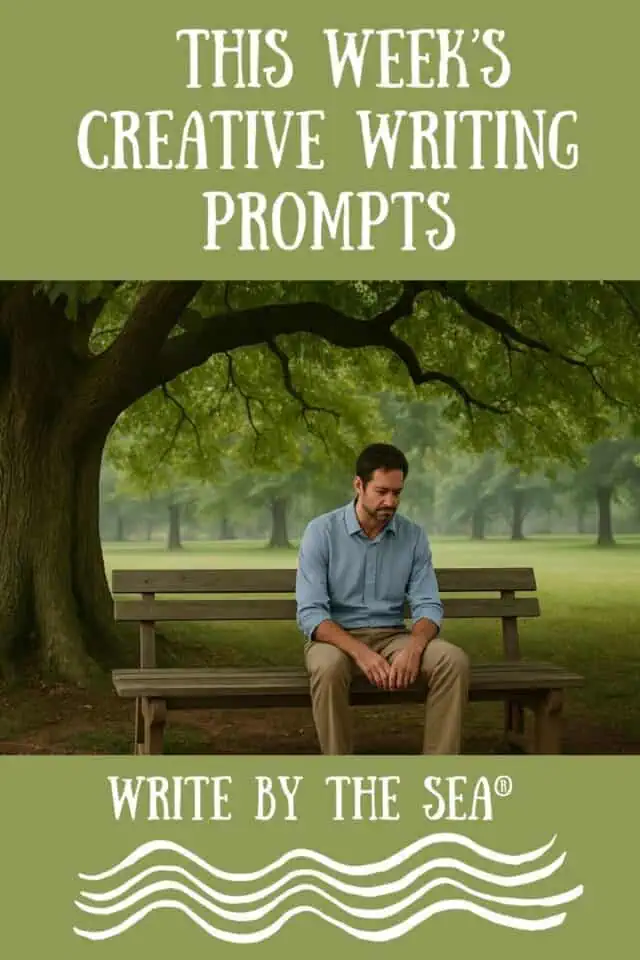 Inspirational image on the Law of Attraction for writers, nature scene with a man sitting on a bench.