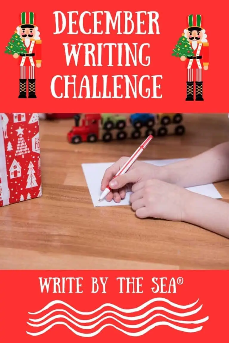 Woman writing on paper for December writing challenge with festive theme.