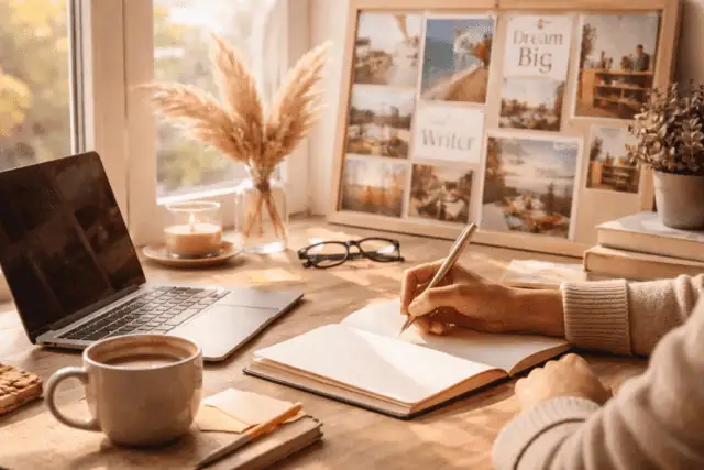 Woman writing at a cozy desk with inspiring travel photos and a laptop, embracing the Law of Attract.