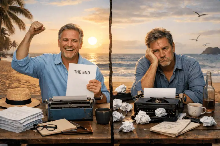 Two writers at the beach, one happy with "The End" sign, the other frustrated, illustrating the crea.