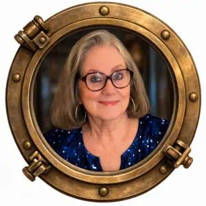Woman smiling through a porthole with a blue top, promoting the Law of Attraction for writers.