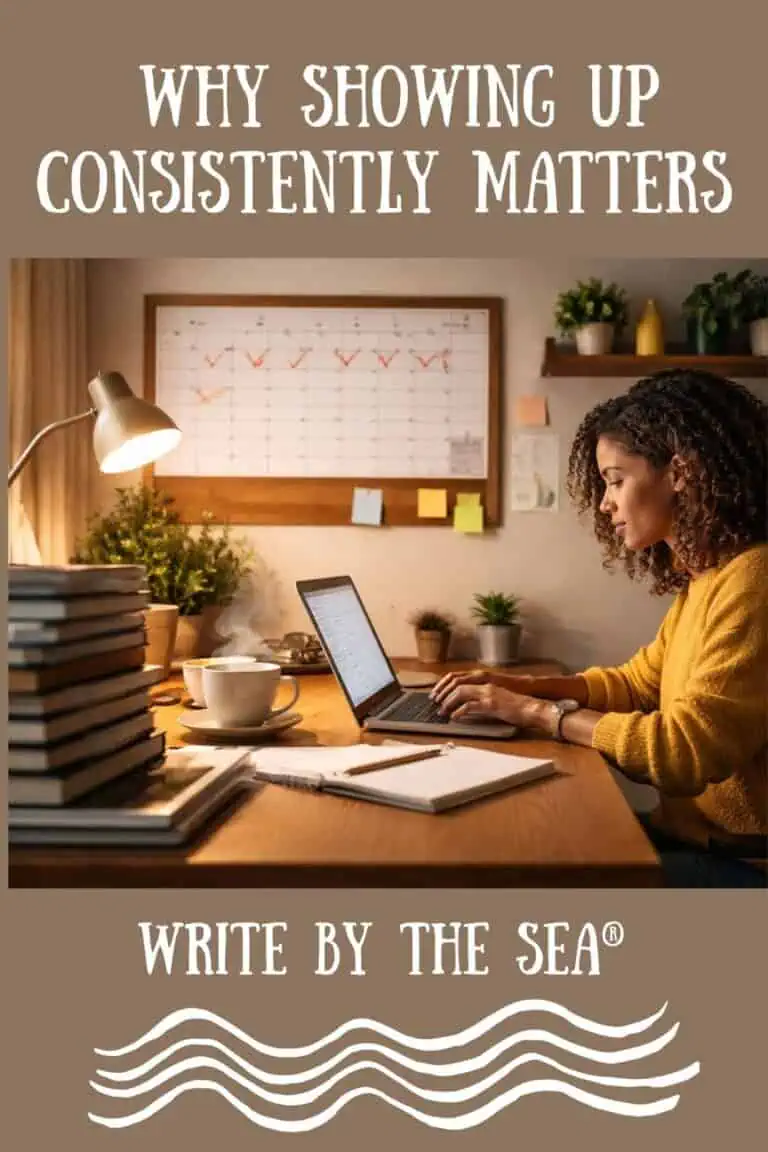 Woman working on a laptop with a whiteboard, focusing on the law of attraction for writers.