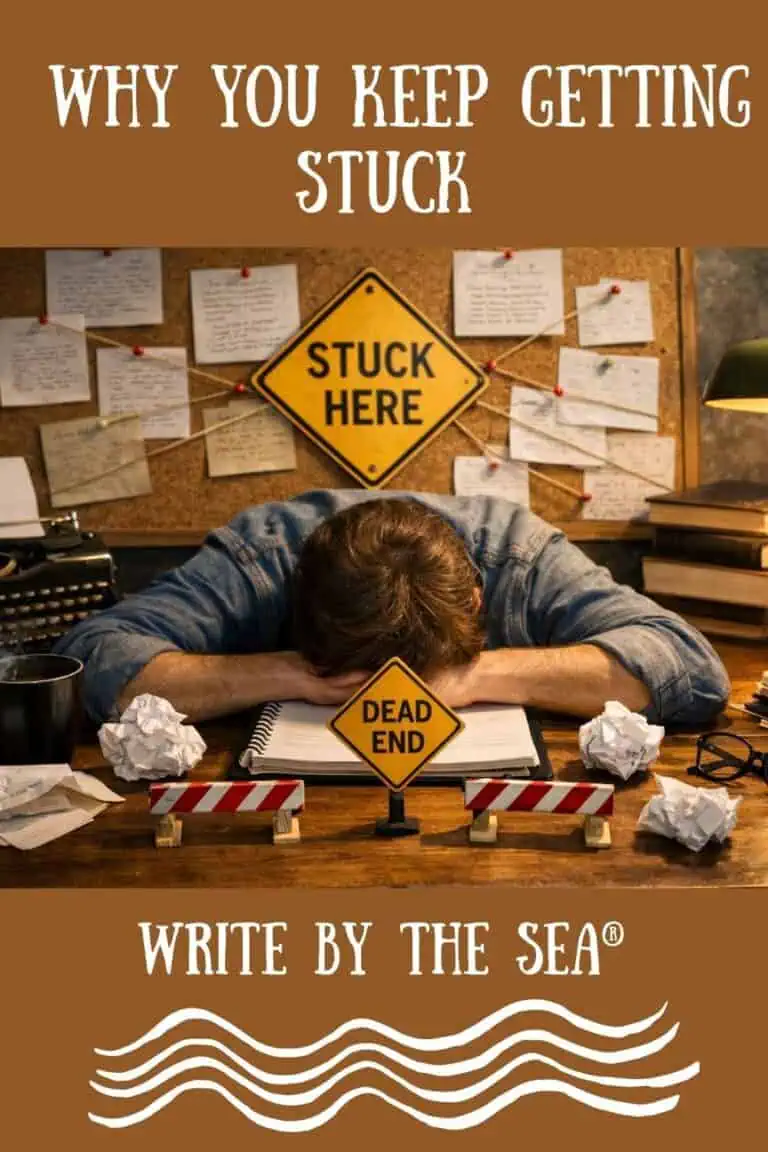 Writer overwhelmed by paper and signs, seeking to break free from creative blocks.