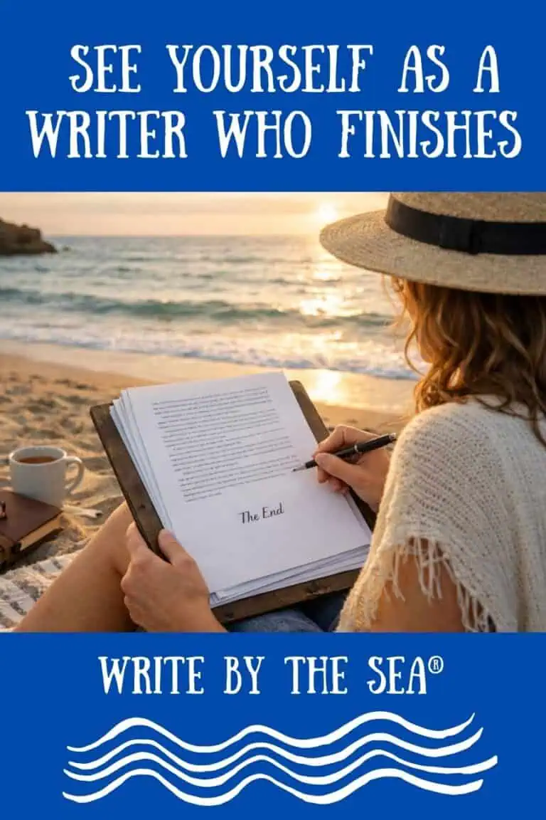 Woman reading a book on the beach, embracing writer identity and manifestation.