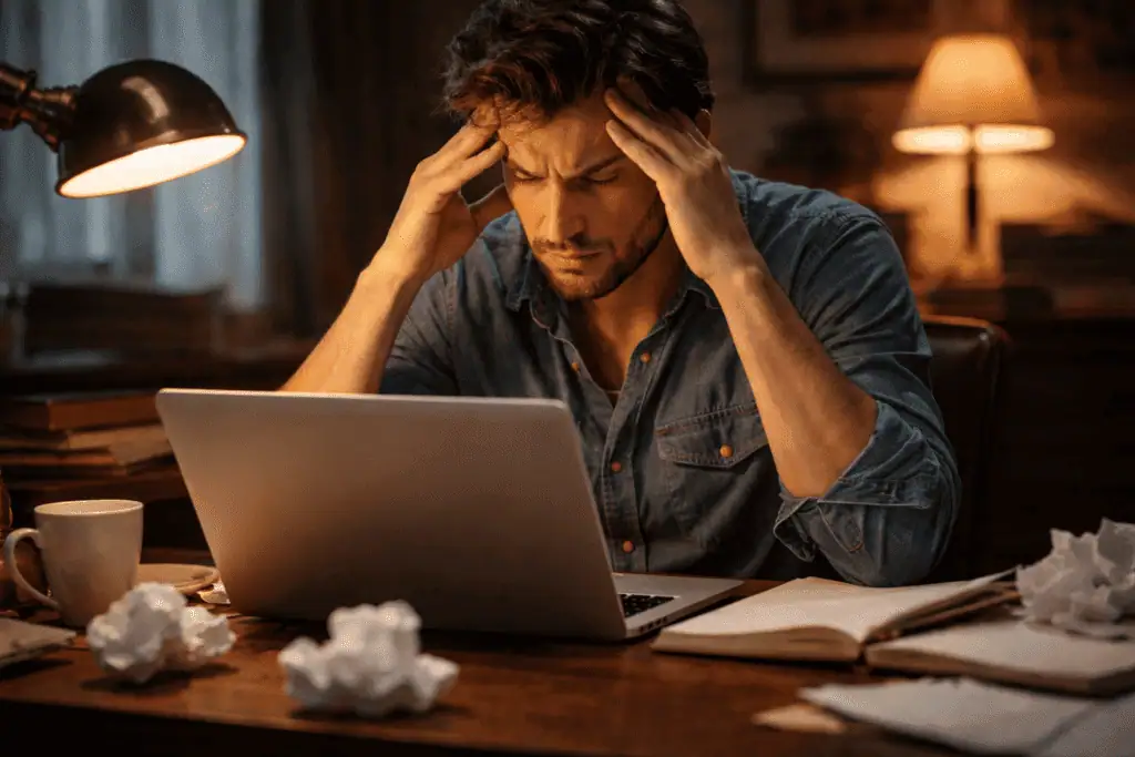 Man stressed while working on a laptop, seeking inspiration through the Law of Attraction for writer.