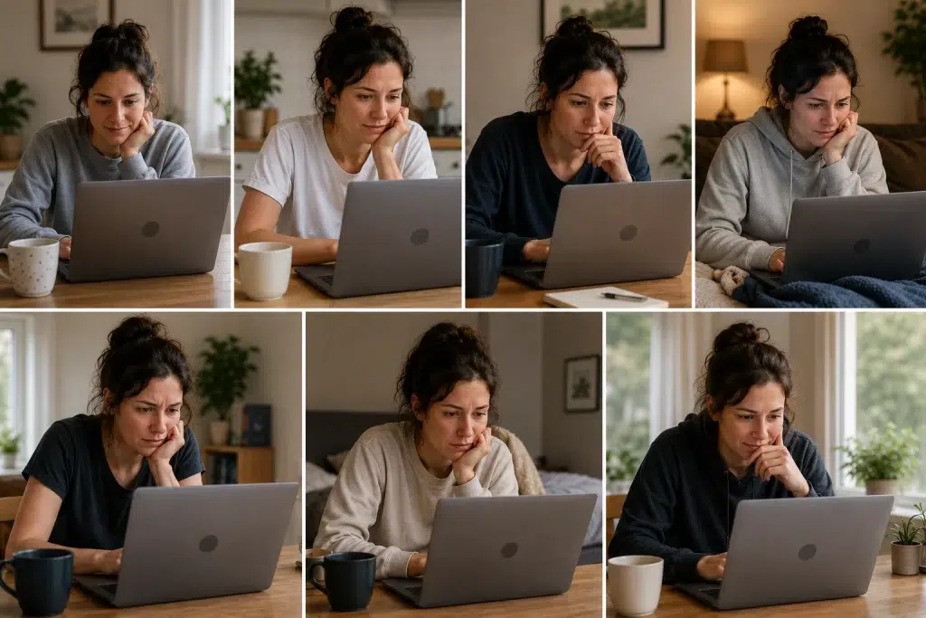 7 images of a woman reading her email