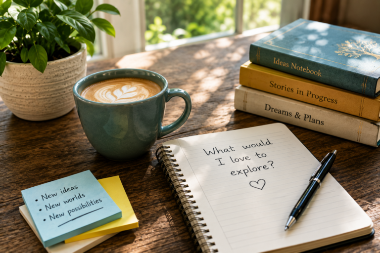 desk with journal question asking what the writer is curious about